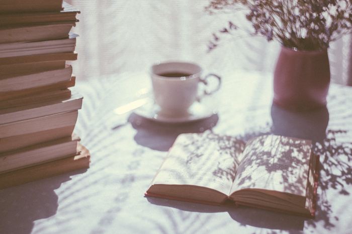 An open book and a cup of tea in soft window light
